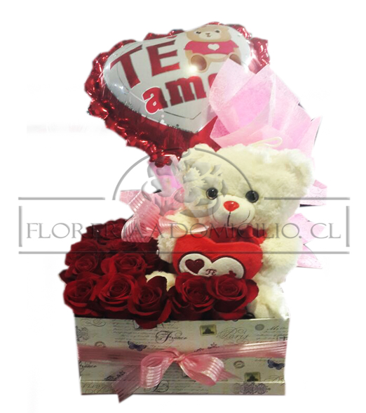 Caja cuadrada especial con 12 rosas ms Globito y Peluche 30 cm